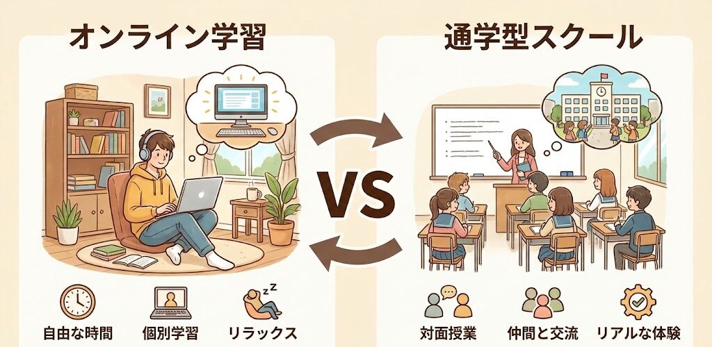 オンライン学習（自宅でパソコンを見ている）と通学型スクール（教室で授業を受けている）を比較するようなイメージ図
