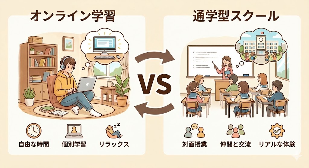 オンライン学習（自宅でパソコンを見ている）と通学型スクール（教室で授業を受けている）を比較するようなイメージ図