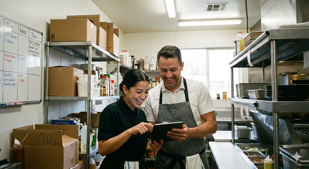 飲食店のバックヤードで、店長とスタッフがタブレット端末を見ながら笑顔で業務確認をしている写真