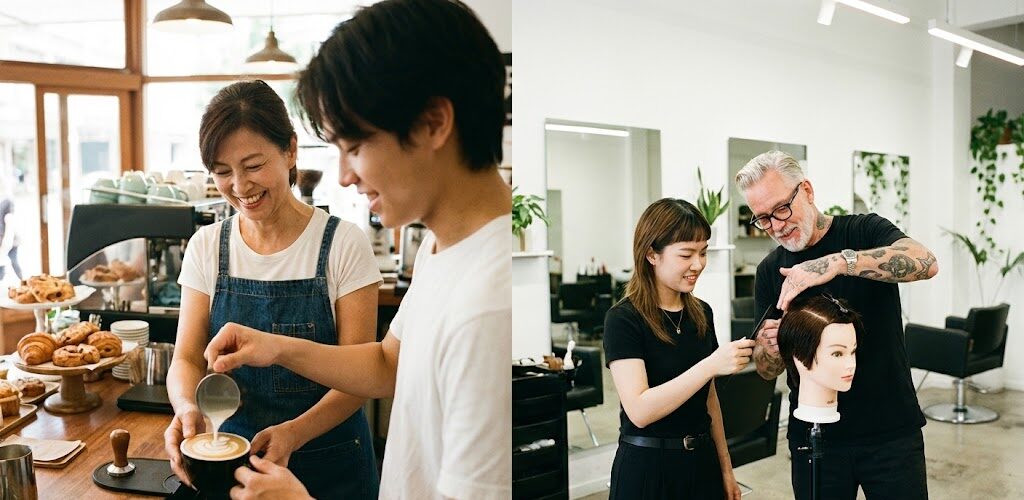 カフェのオーナーがスタッフに笑顔で指導している様子と、美容師が後輩に技術を教えている様子を分割して見せる画像