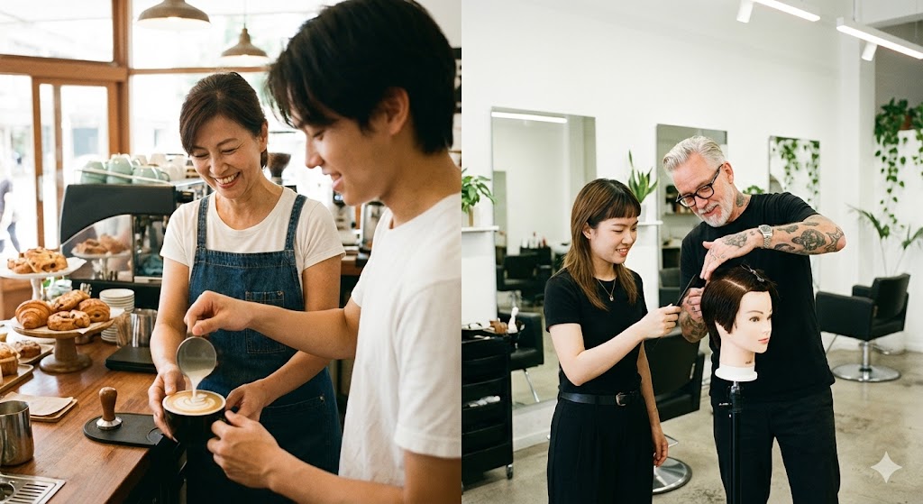 カフェのオーナーがスタッフに笑顔で指導している様子と、美容師が後輩に技術を教えている様子を分割して見せる画像