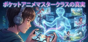 スマホでアニメを見ている若者の背後で、クリエイターがAIを使って魔法のように映像を生み出しているイラスト