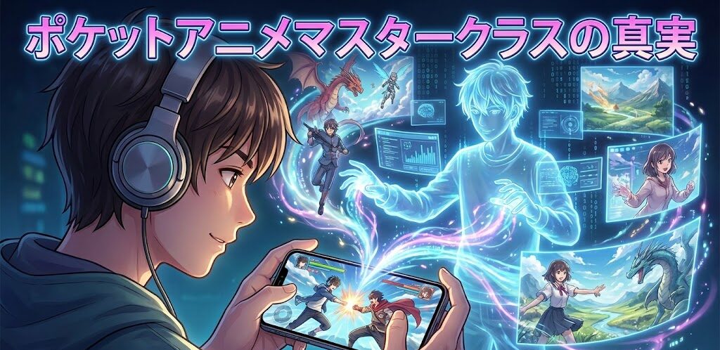 スマホでアニメを見ている若者の背後で、クリエイターがAIを使って魔法のように映像を生み出しているイラスト