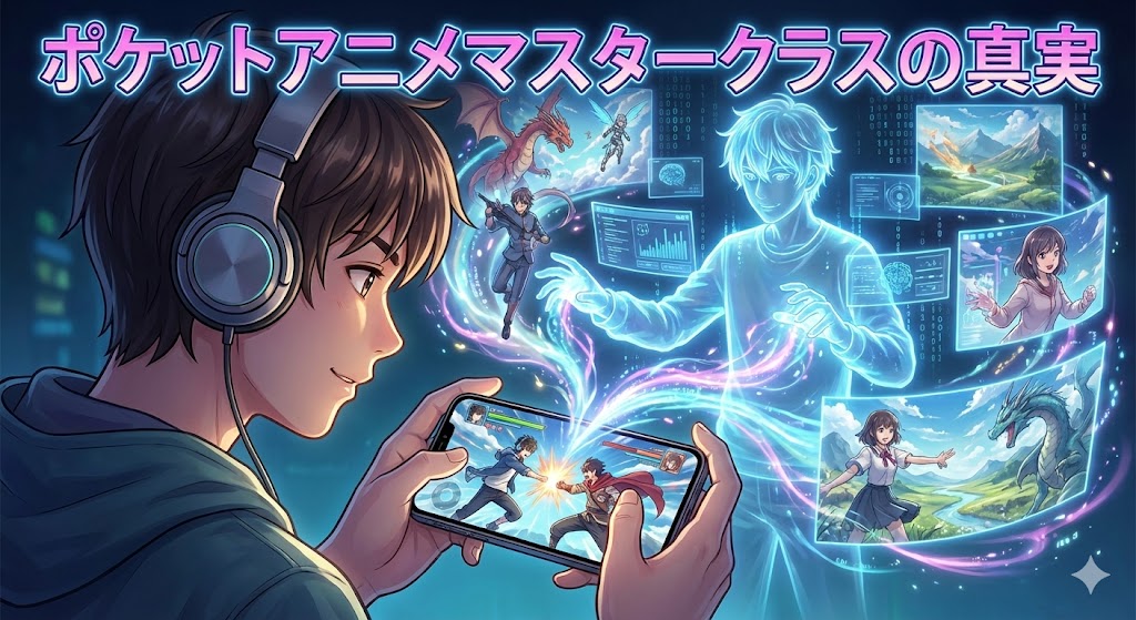 スマホでアニメを見ている若者の背後で、クリエイターがAIを使って魔法のように映像を生み出しているイラスト