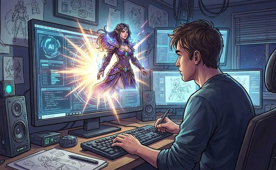 クリエイターがパソコンに向かい、画面内でAIがキャラクターを一瞬で生成しているサイバーパンク風のイラスト
