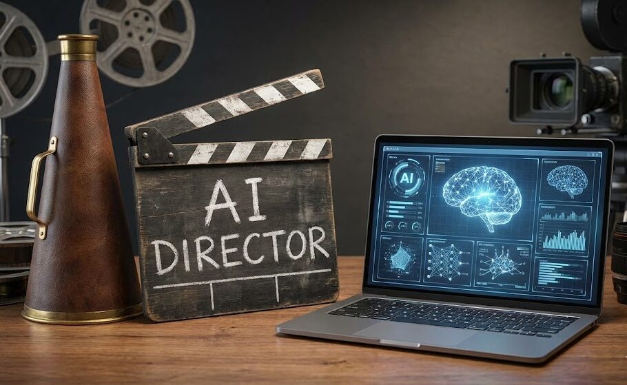 映画のメガホンとカチンコ、そして最新のAI搭載パソコンが並べて置かれている写真
