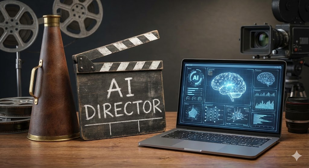 映画のメガホンとカチンコ、そして最新のAI搭載パソコンが並べて置かれている写真