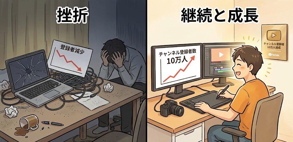 途中で投げ出されたパソコンと、コツコツと動画を作り続けて登録者を増やしているクリエイターの対比イラスト