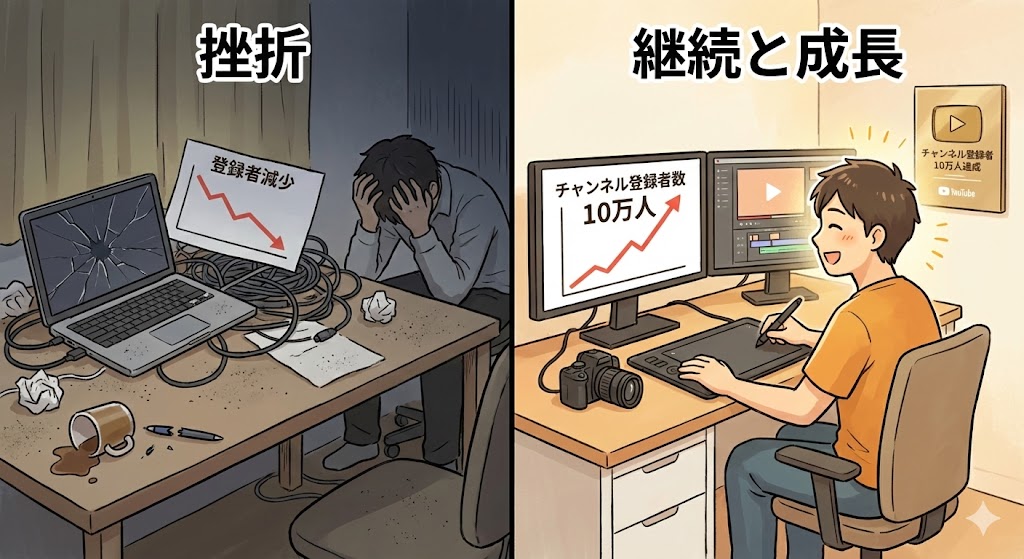 途中で投げ出されたパソコンと、コツコツと動画を作り続けて登録者を増やしているクリエイターの対比イラスト