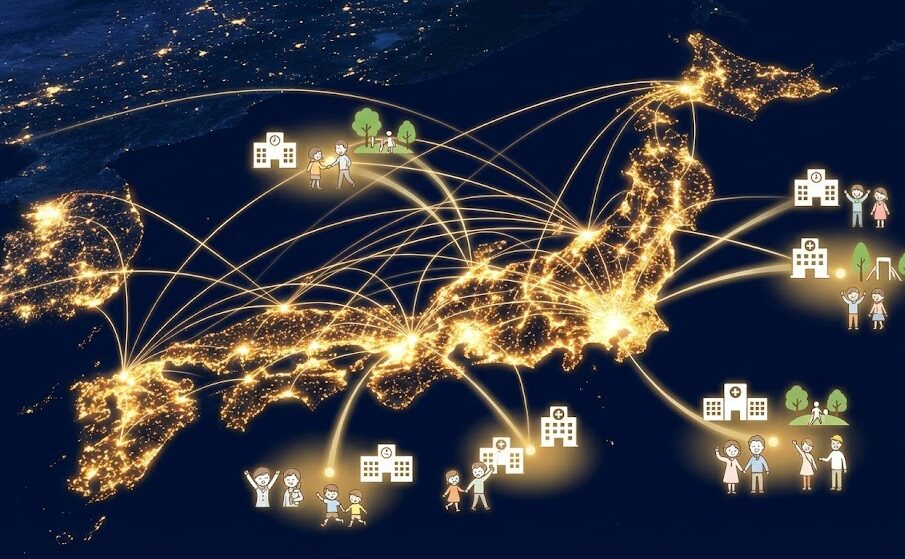 日本地図の上に、全国各地で光る点（加盟店）がネットワークのように結ばれているCGイラスト