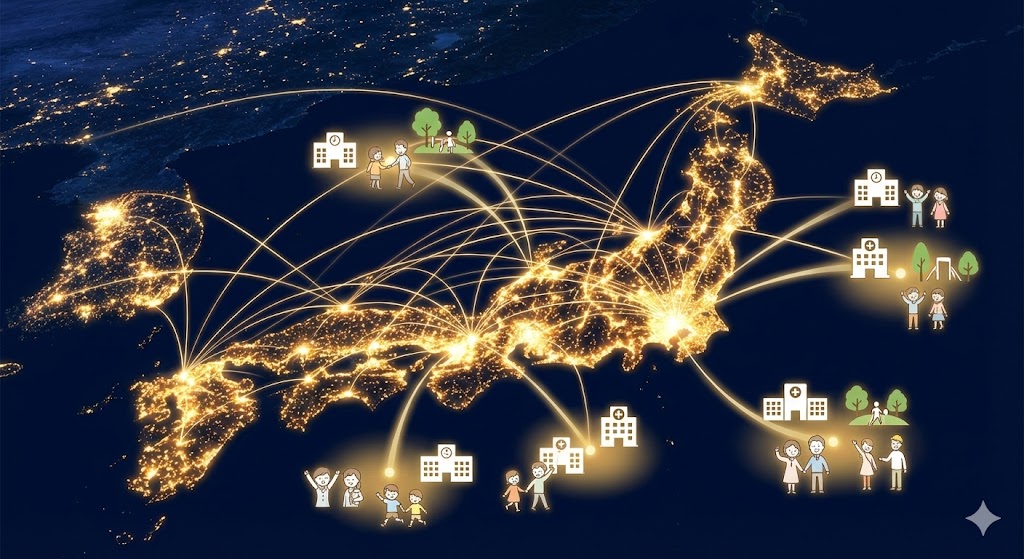 日本地図の上に、全国各地で光る点（加盟店）がネットワークのように結ばれているCGイラスト