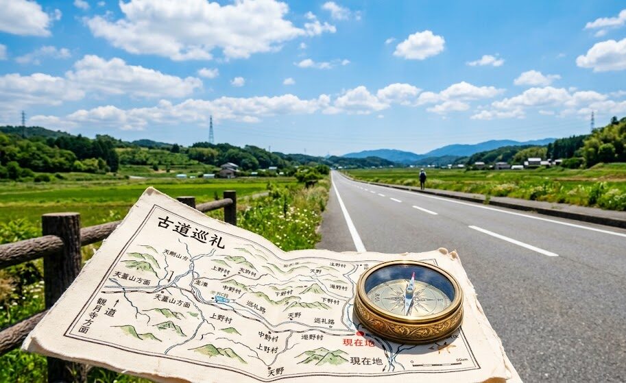 青空の下、まっすぐに伸びる一本の広い道。その手前には、精巧で美しい真鍮製のコンパスと広げられた白地図が置かれており、自分の意志で正しい方向を見極めて進む前向きな旅立ちを感じさせる実写風画像。