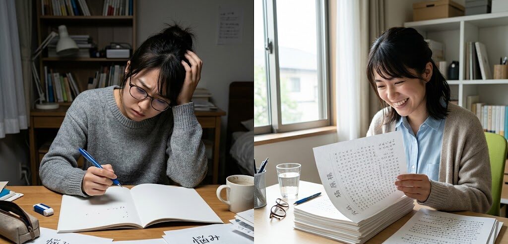 真っ白なノートの前でペンを止めて悩んでいる人と完成した原稿の束を笑顔で見つめている人の対比画像