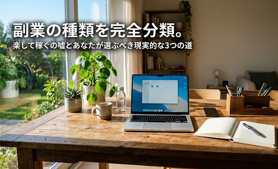 朝の光が差し込む広々とした木目のデスクに、一台のノートパソコンとシンプルなノート、みずみずしい観葉植物が配置されている。選択肢の多さと、自分自身の足で新しい道を切り拓く爽やかな決意を感じさせる実写風画像