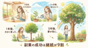 小さな芽に毎日水をやり、立派な木に育てていく様子を描いた温かみのあるイラスト