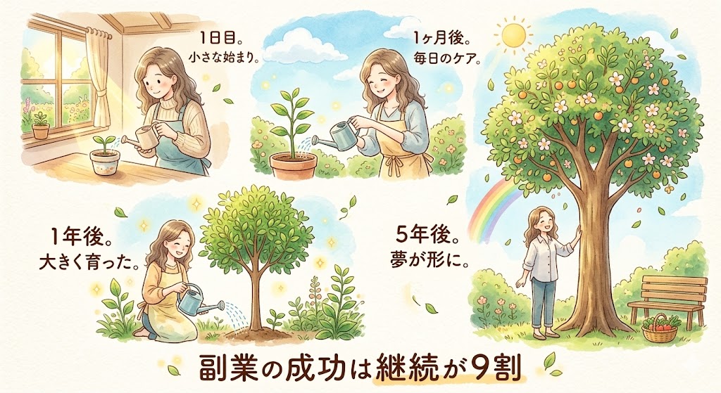小さな芽に毎日水をやり、立派な木に育てていく様子を描いた温かみのあるイラスト