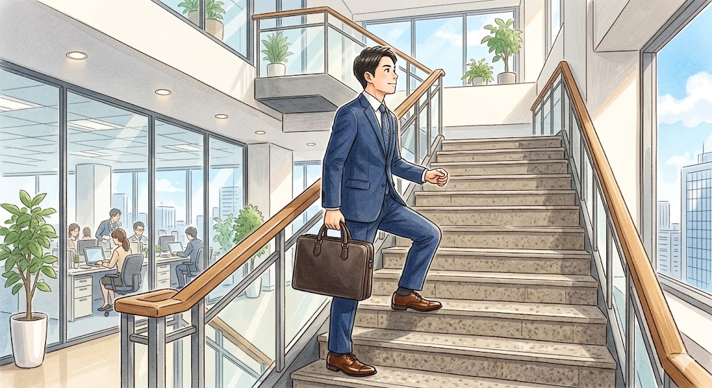 階段を一段ずつ確実に登っていくビジネスマンのイラスト