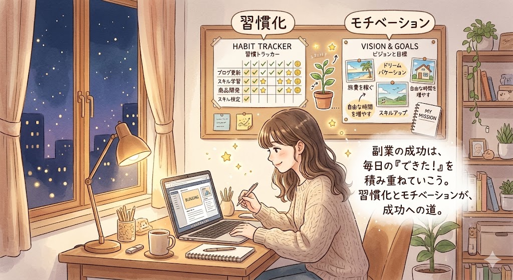 副業のモチベーション維持や習慣化が大事というコンセプトの画像