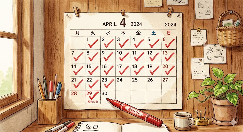 カレンダーに毎日チェックマークをつけていく様子を描いたイラスト