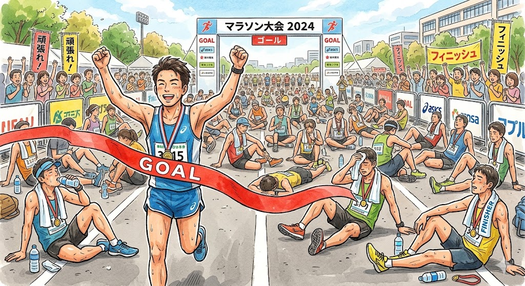 ゴールテープを切るランナーの背後で、多くの人が座り込んでいる様子を描いたイラスト