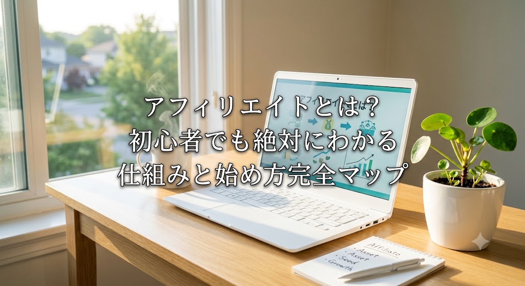 朝の光が差し込む清潔なデスクの上に、真っ白なノートパソコンと、少しずつ育ち始めた小さな観葉植物が置かれている。自分の手で種をまき、時間をかけて新しい収入の柱という資産を育てていく前向きな希望と安心感を感じさせる実写風画像
