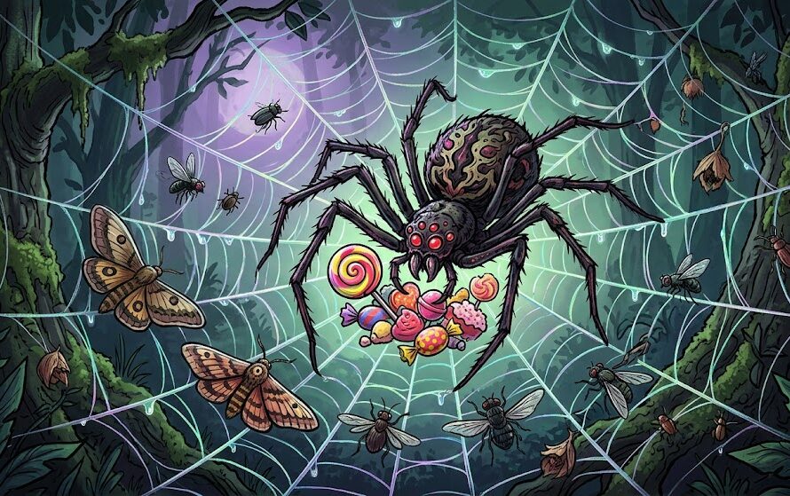 不気味な蜘蛛とそれに引き寄せられる虫のイラスト