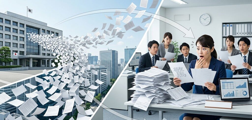 税金の通知書が飛んでいきそれを見た経理担当者が驚いている図解