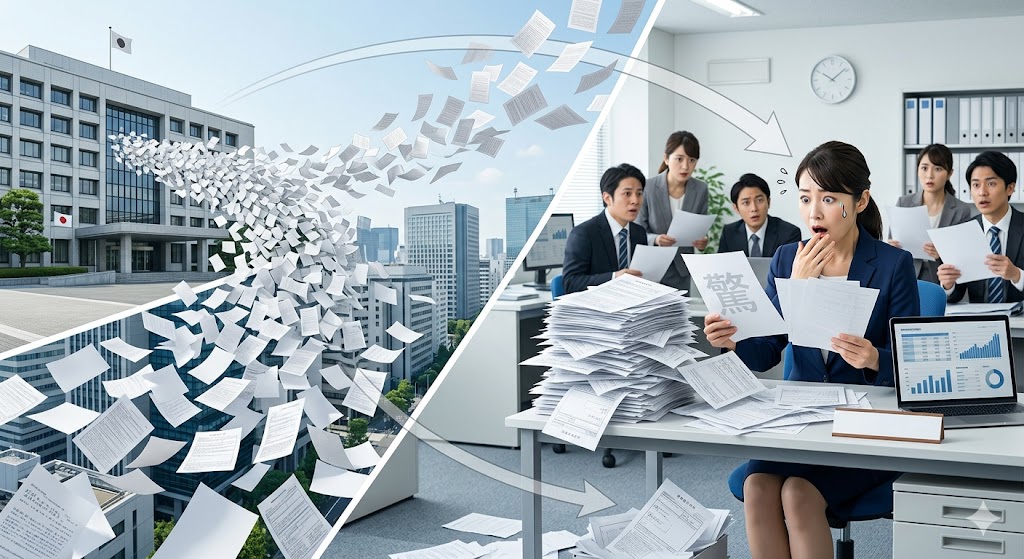 税金の通知書が飛んでいきそれを見た経理担当者が驚いている図解