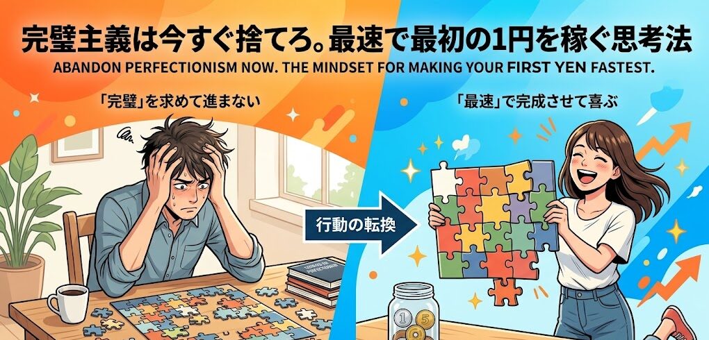 未完成のパズルを前に頭を抱えている人物と不格好でも完成したパズルを掲げて喜んでいる人物を対比させたイラスト