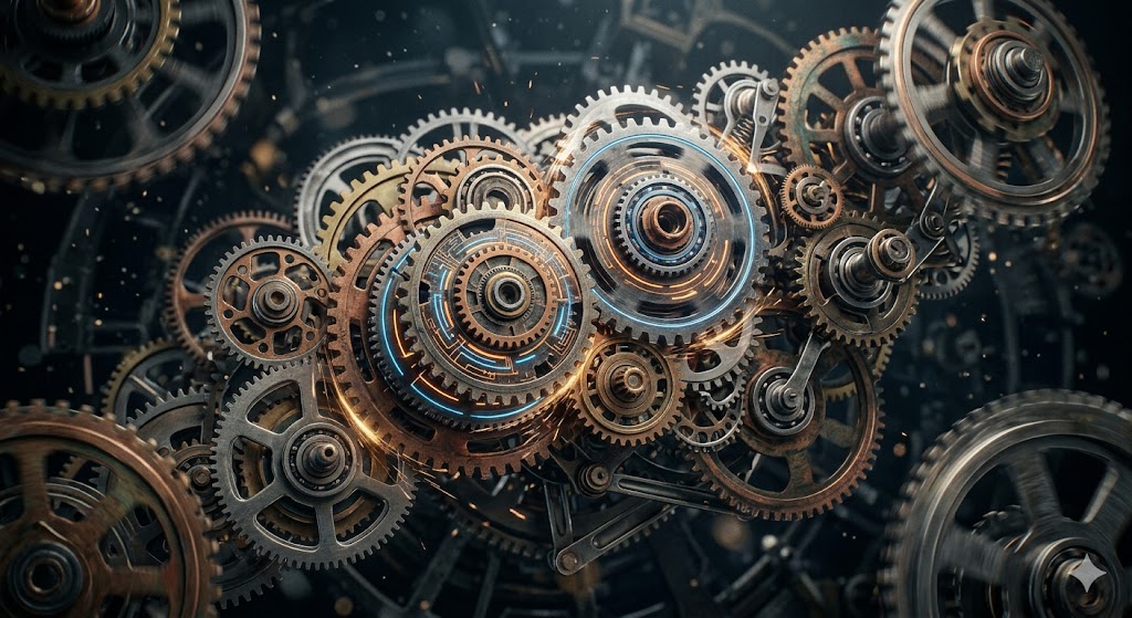 複雑な歯車が噛み合って回っている抽象的なイメージ画像