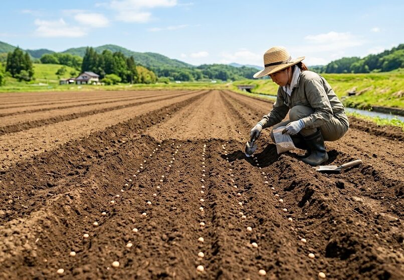 綺麗に整えられ太陽の光を浴びた豊かな土壌に、等間隔で丁寧に小さな種がまかれている風景。すぐに結果は見えなくても、確実な土台作りが将来の大きな収穫に繋がることを表現した明るく希望に満ちた実写風画像。