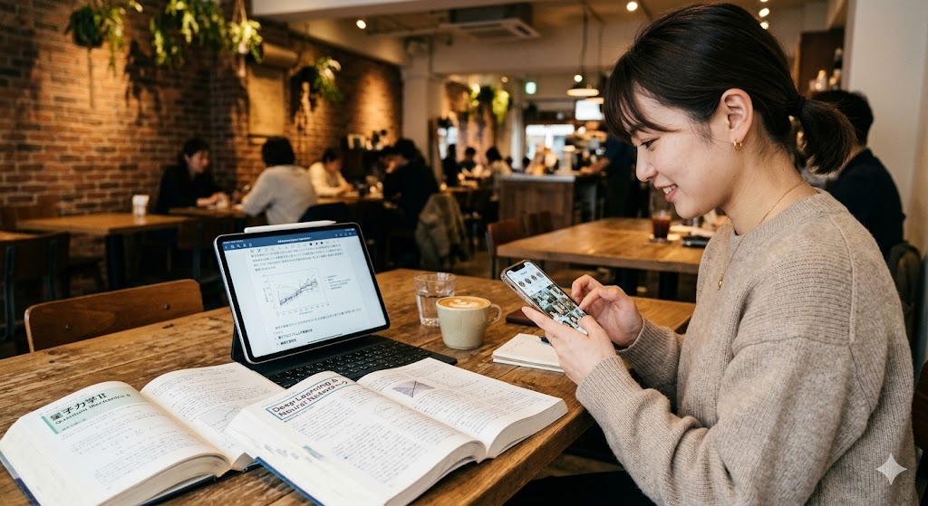 オシャレなカフェのテーブルに最新のタブレットと何冊もの分厚い専門書が広げられているが本人はスマートフォンでSNSばかり見ている実写画像