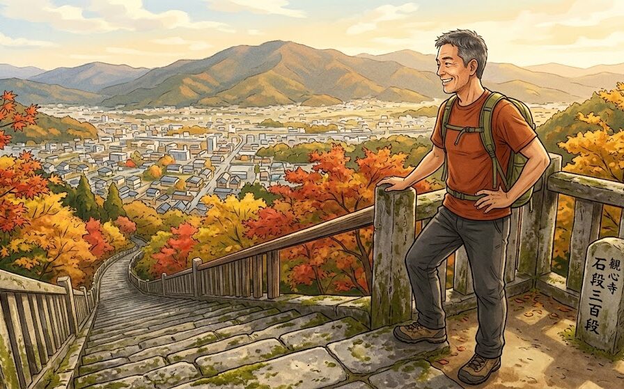 急な階段を登りきって後ろを振り返り自分がここまで登ってきた高い景色を見て満足げに微笑んでいる人物のイラスト