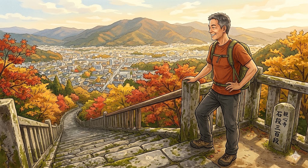 急な階段を登りきって後ろを振り返り自分がここまで登ってきた高い景色を見て満足げに微笑んでいる人物のイラスト