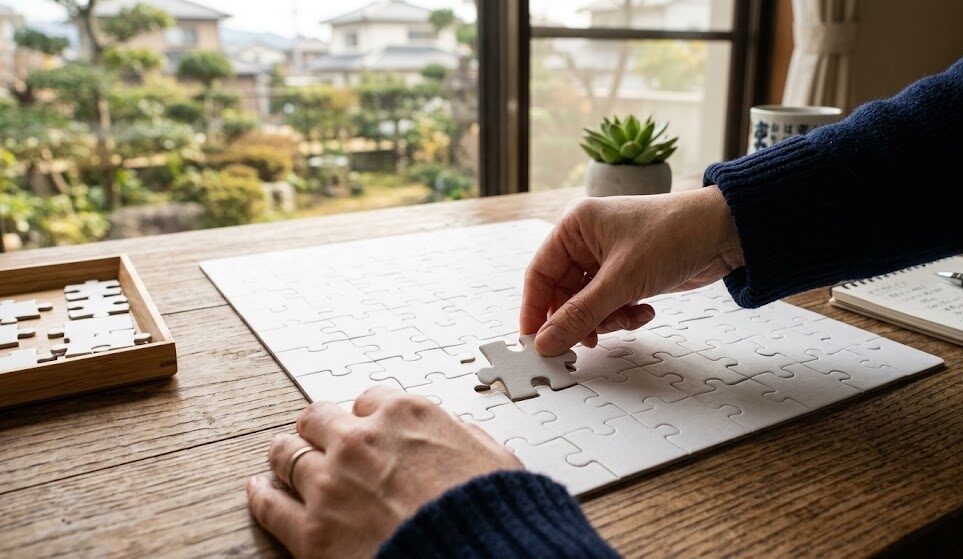 真っ白なジグソーパズルに、一つずつ慎重にピースをはめ込んでいく手元のアップ。ステップ通りに焦らず順番に進めることで、確実な全体像が完成していく論理的なプロセスを示す実写風画像。