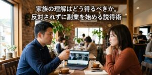 カフェのテーブルでノートパソコンを開きながら向かいに座る妻に真剣な表情で話しかけている男性の姿を写した実写画像