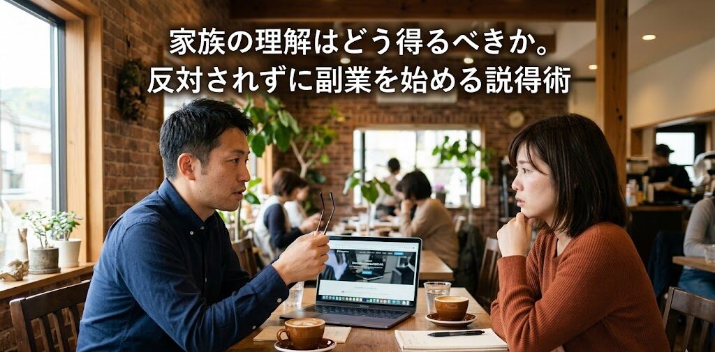 カフェのテーブルでノートパソコンを開きながら向かいに座る妻に真剣な表情で話しかけている男性の姿を写した実写画像