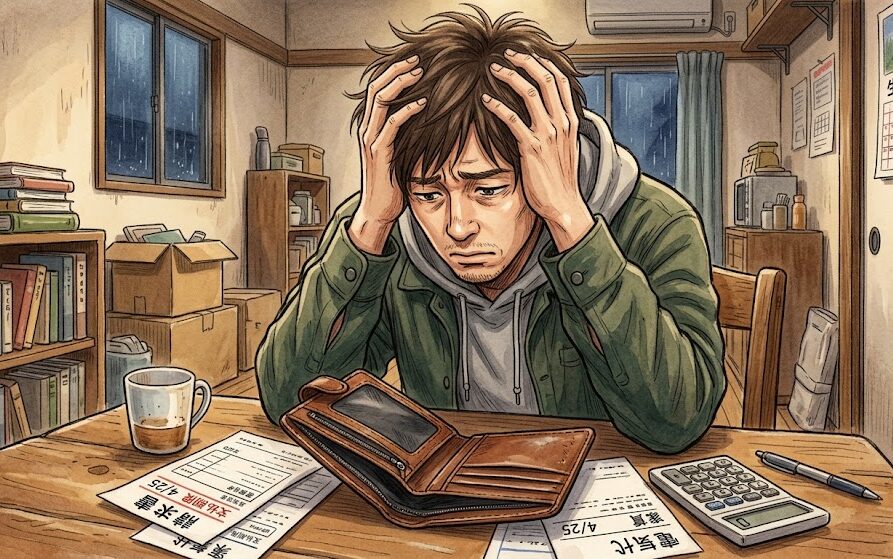 空っぽの財布を見つめて頭を抱えている人物のイラスト
