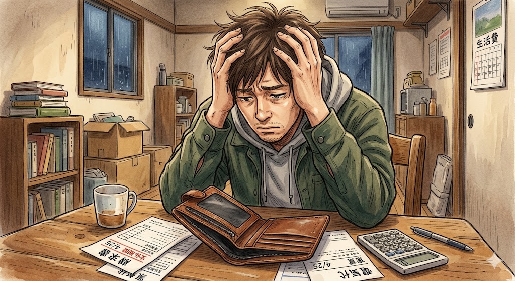 空っぽの財布を見つめて頭を抱えている人物のイラスト