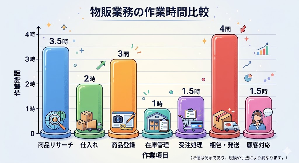 物販の作業時間を比較したシンプルな棒グラフの画像