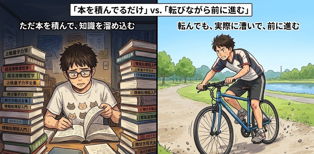 分厚い参考書を山のように積み上げて勉強しているだけの人物と転びながらも実際に自転車を漕いで前に進んでいる人物のイラスト
