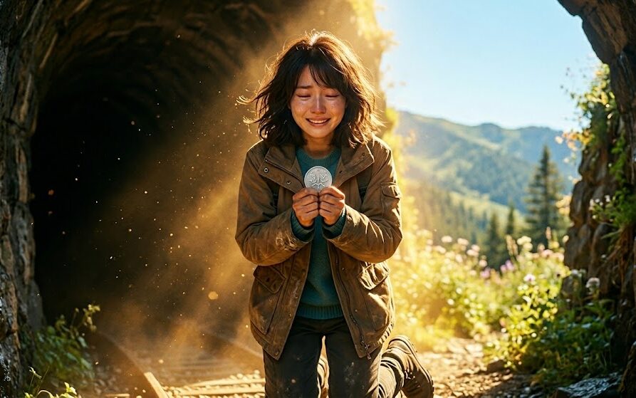 暗いトンネルを抜け出して眩しい光の中に立っている人物が手の中の1円玉を握りしめている感動的なイラスト