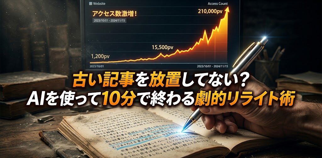 古びてホコリをかぶったノートに新しい輝くペンで修正が加えられ、背後のモニターに劇的に上昇するアクセスグラフが映し出されているドラマチックな写真