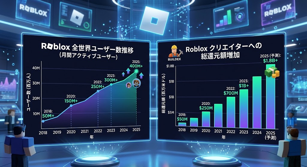 Robloxの全世界のユーザー数推移や、クリエイターへの還元額の増加を示すグラフなどのイメージ画像