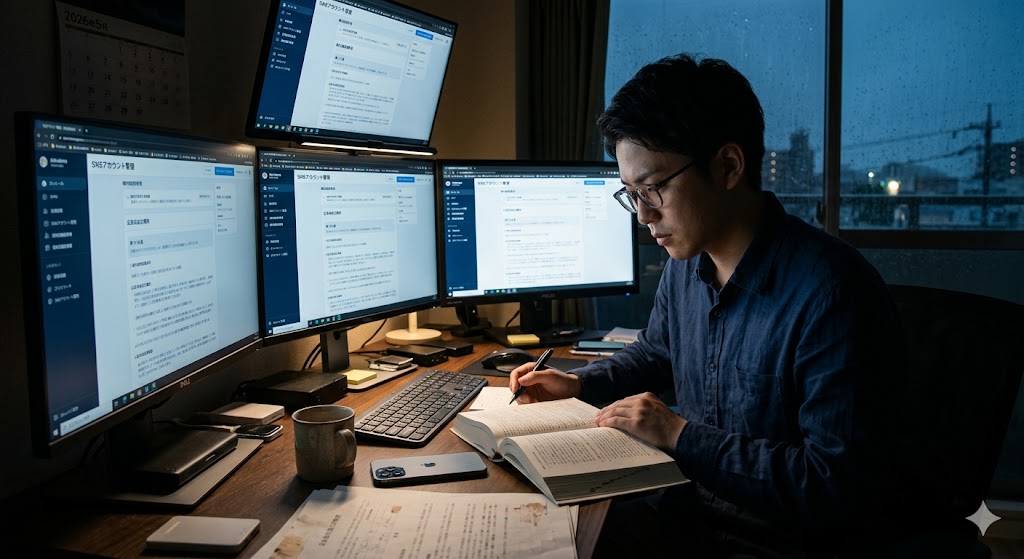規約を確認している男性の姿