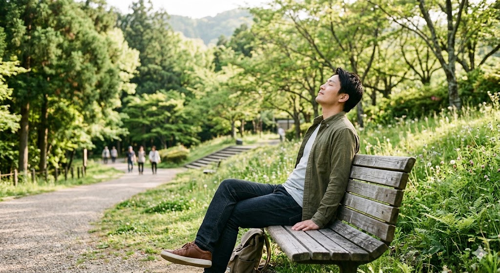 公園のベンチでリラックスした表情で深呼吸をしている男性