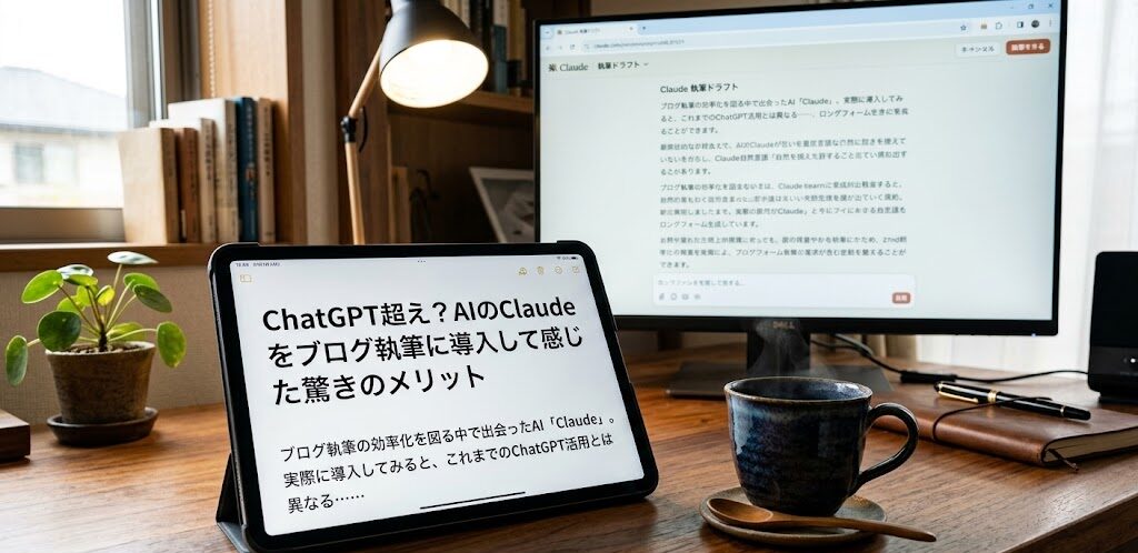 木目の美しいデスクの上に、洗練されたフォントでテキストが表示されたタブレット端末と、お気に入りのコーヒーカップが並び、背景のモニターには滑らかな文章が生成されている様子が映し出されている引きの構図