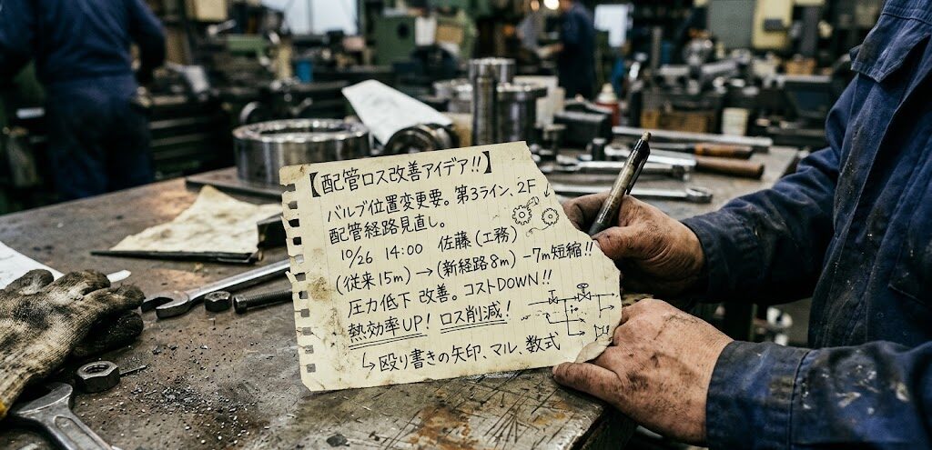 （写真）工場の無機質な作業デスクの片隅に置かれたノートの切れ端に、作業服を着た人が手書きでメモした泥臭いアイデアや殴り書きの文字のクローズアップ写真