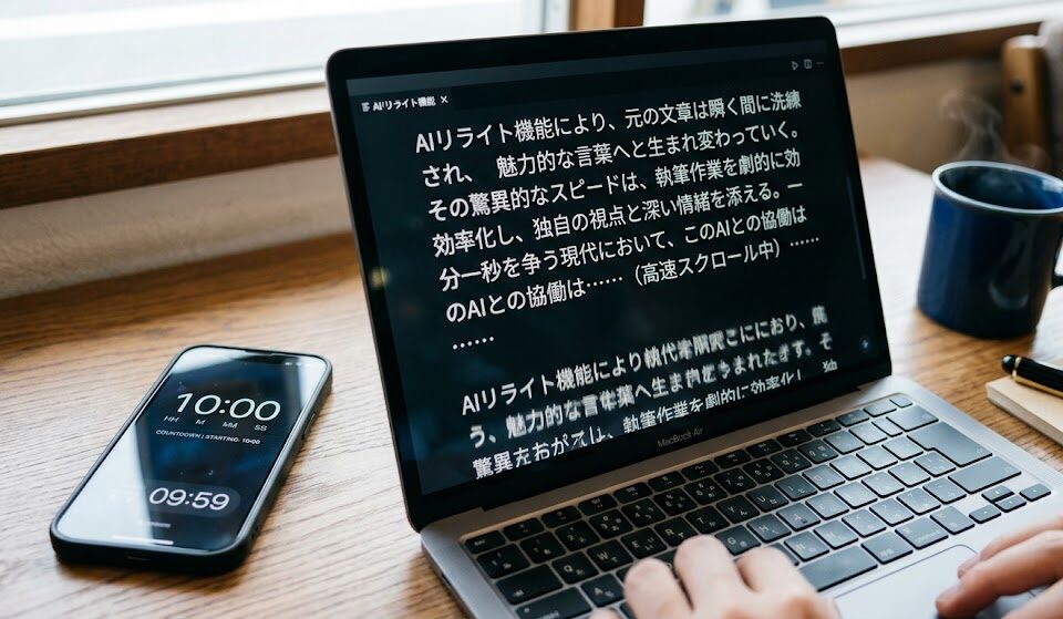 手元に置いたスマートフォンのタイマーが「10:00」からカウントダウンしている横で、ノートパソコンの画面上のAIが凄まじいスピードでリライトされた美しい文章を書き出していくクローズアップ写真