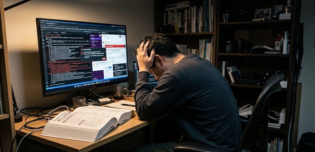 部屋のデスクで、分厚いマニュアル本を開きながら頭を抱えている男性の背中。モニターには複雑なエラーメッセージと、複数のツールの課金通知が重なって表示されている引きの構図
